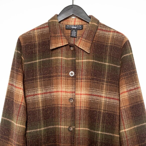SOLD - Vintage Brown Green Wool-Blend Plaid Fringed Shirt Jacket Norton Studio - Picture 6 of 12